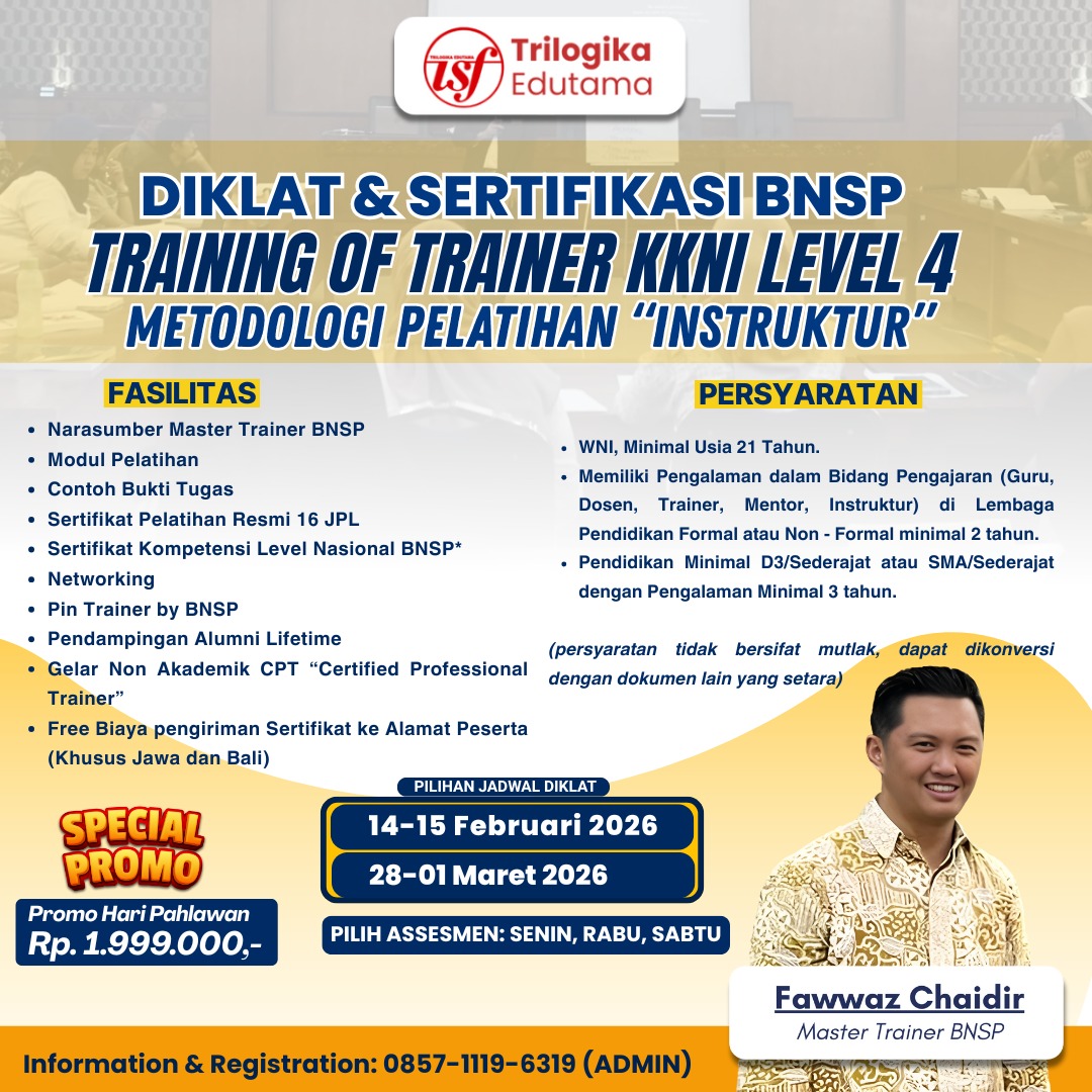 PROMO BULAN K3 NASIONAL!!! DIKLAT DAN SERTIFIKASI BNSP TOT LEVEL 4 FULL ONLINE FEBRUARI 2026